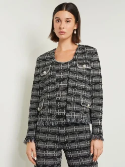 Jackets & Coats|Misook Rhinestone Accent Fringe Tweed Knit Jacket Black/NewIvory
