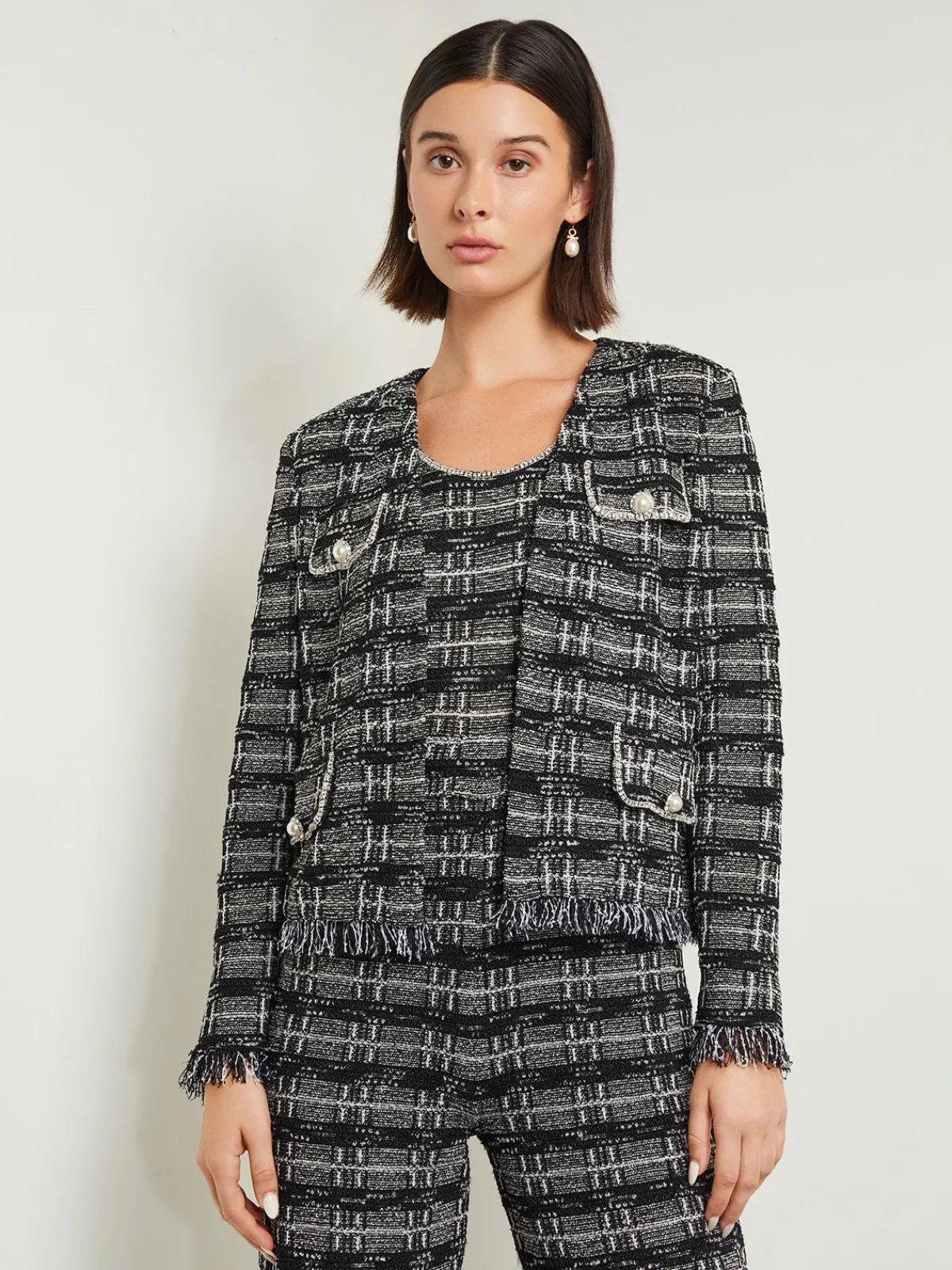 Jackets & Coats|Misook Rhinestone Accent Fringe Tweed Knit Jacket Black/NewIvory
