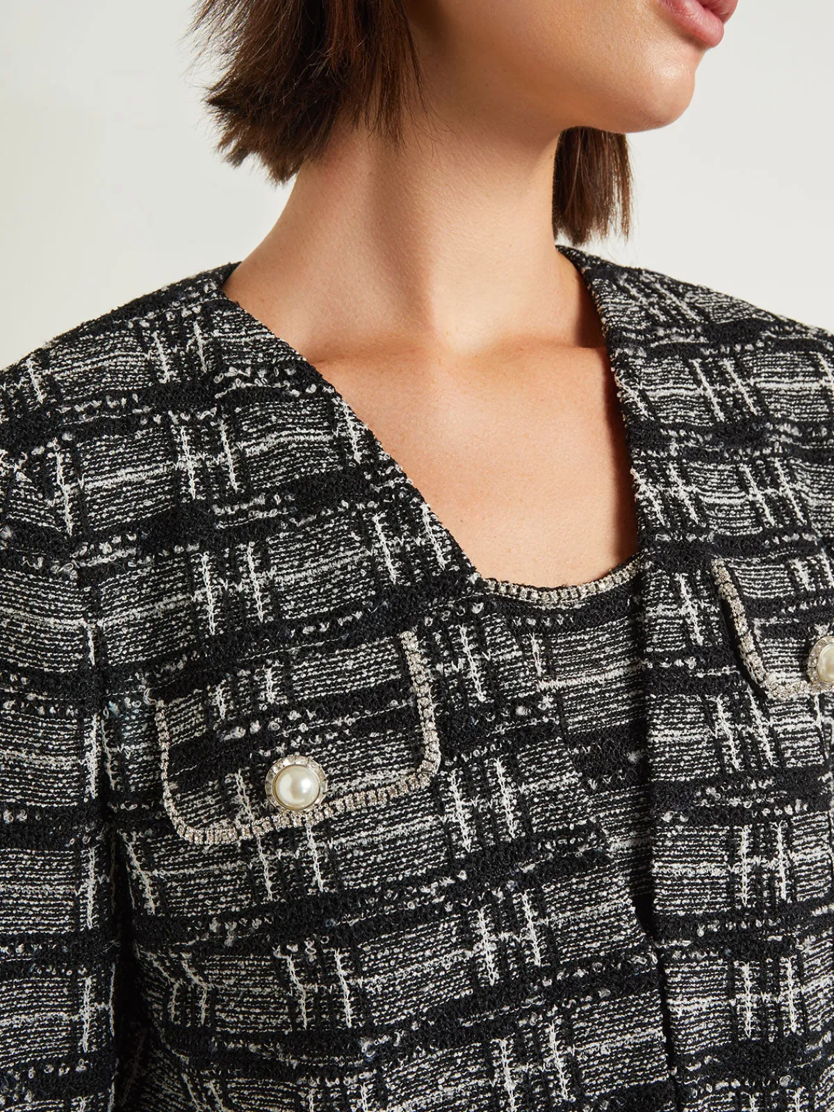 Jackets & Coats|Misook Rhinestone Accent Fringe Tweed Knit Jacket Black/NewIvory