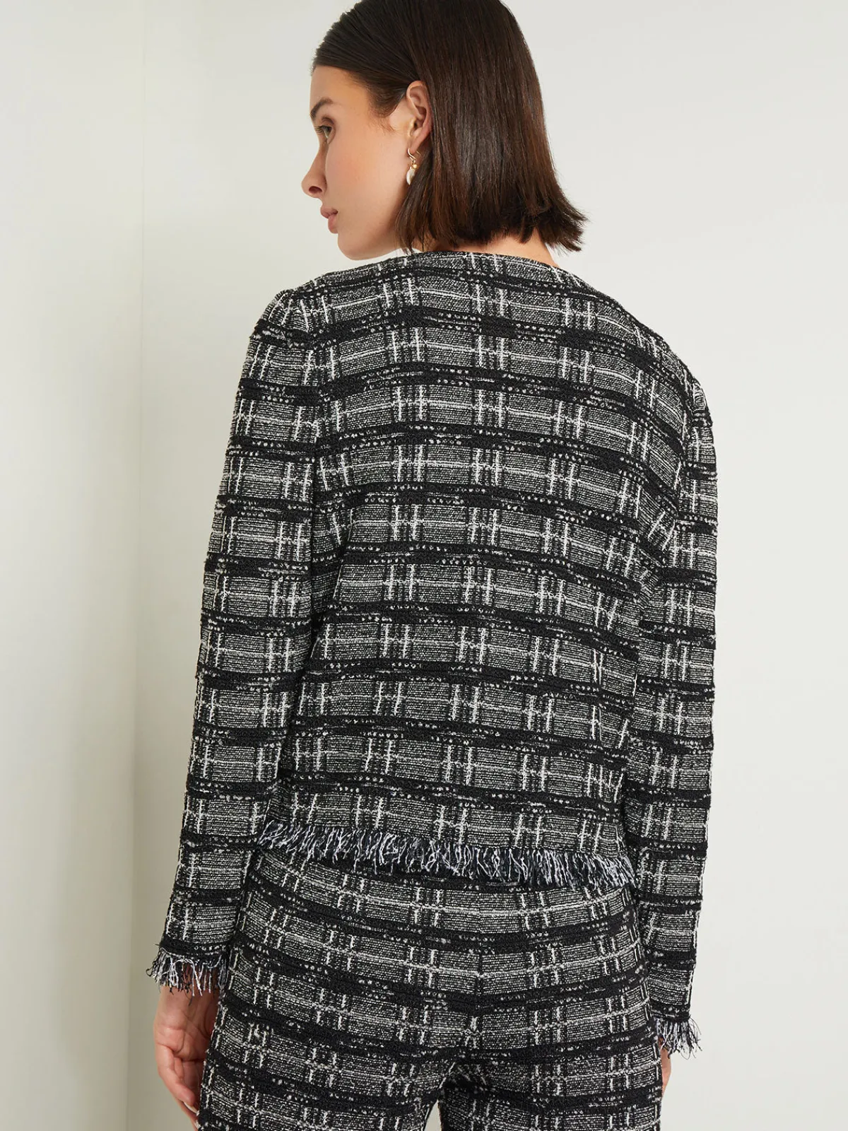 Jackets & Coats|Misook Rhinestone Accent Fringe Tweed Knit Jacket Black/NewIvory