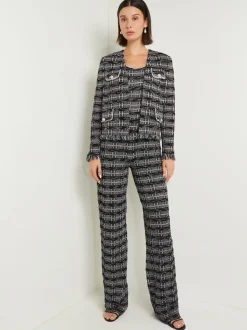 Jackets & Coats|Misook Rhinestone Accent Fringe Tweed Knit Jacket Black/NewIvory