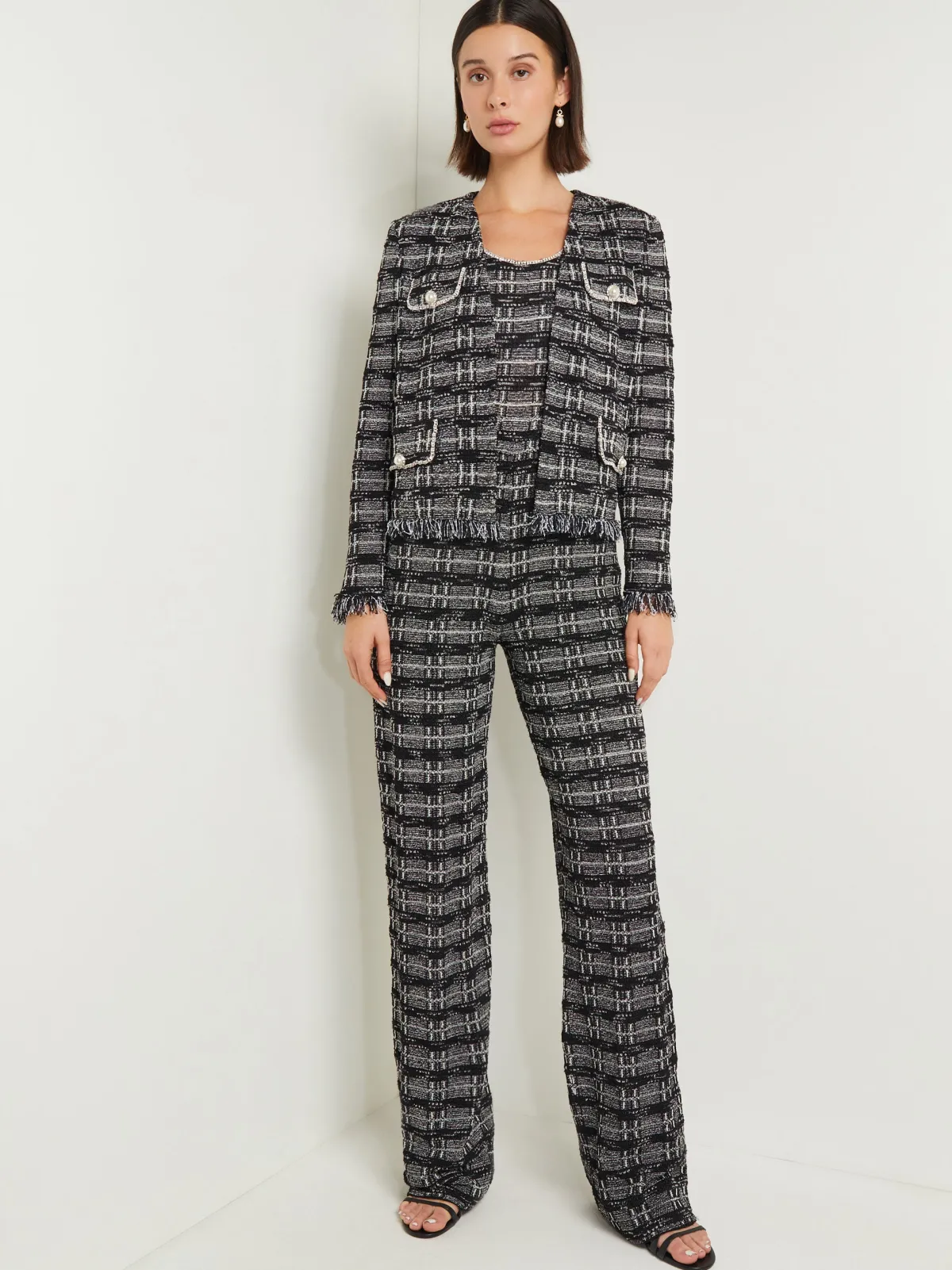 Jackets & Coats|Misook Rhinestone Accent Fringe Tweed Knit Jacket Black/NewIvory