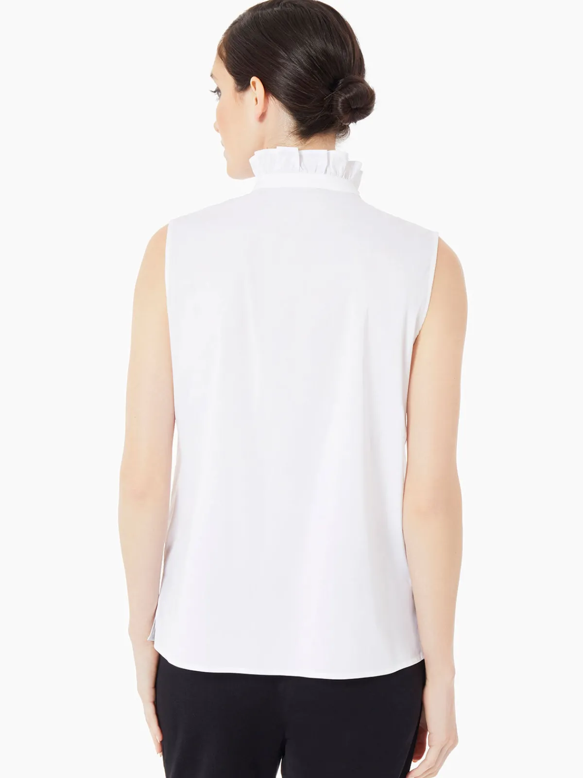 Blouses & Shirts|Tops & Tees|Misook Ruffle Neck Stretch Cotton Blouse White