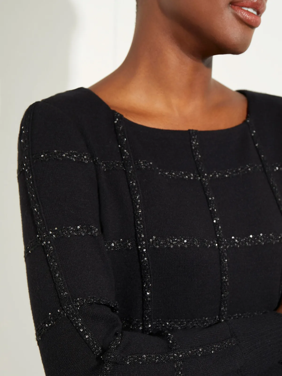 Tops & Tees|Misook Sequin Grid Soft Recycled Knit Tunic Black