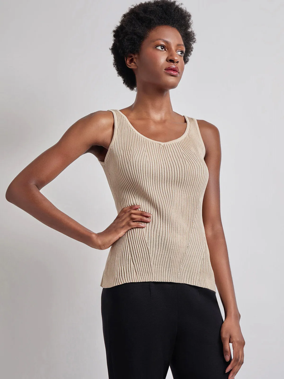 Tops & Tees|Tanks|Misook Shaped Ribbed Knit V-Neck Tank Biscotti