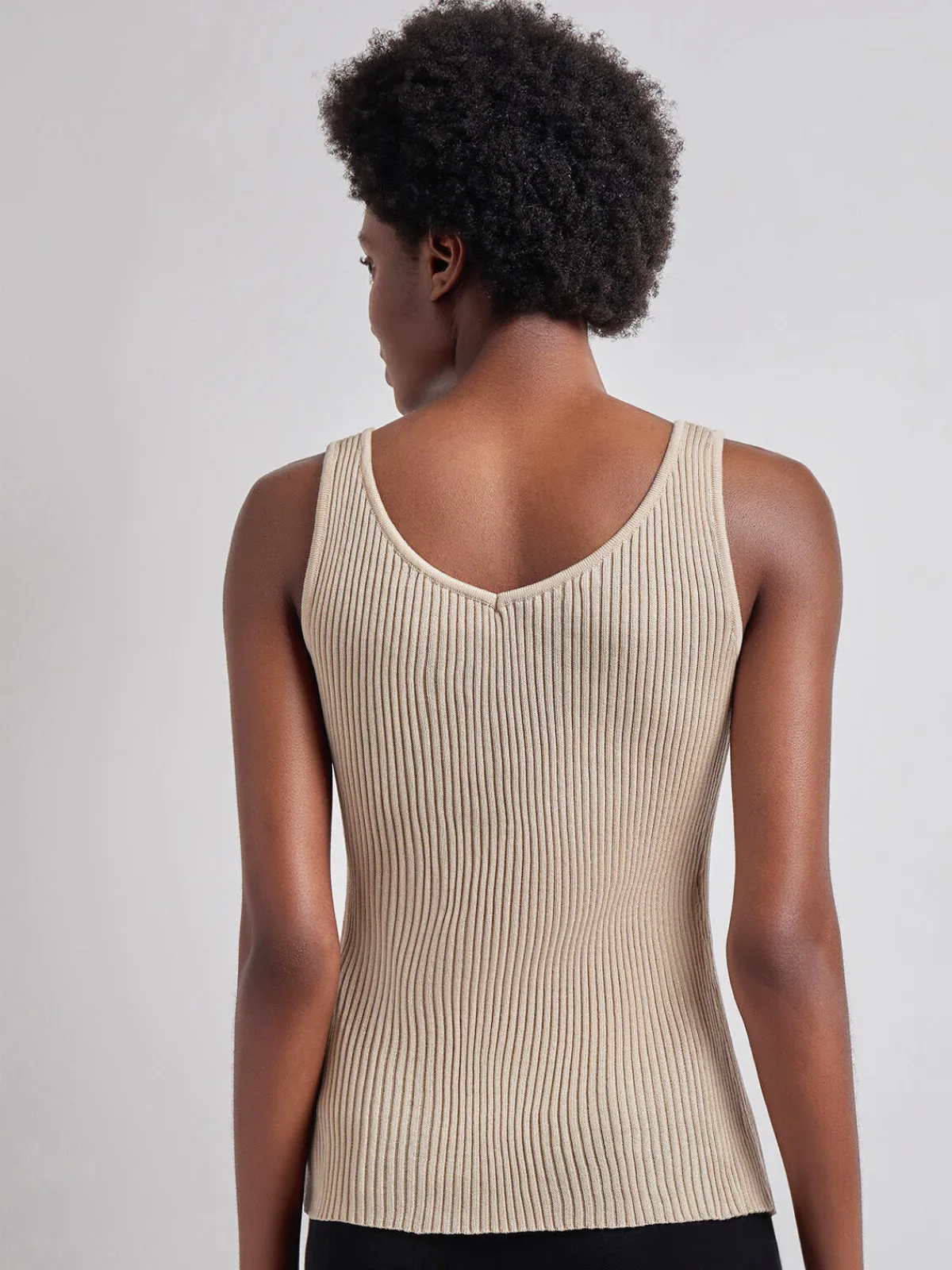 Tops & Tees|Tanks|Misook Shaped Ribbed Knit V-Neck Tank Biscotti