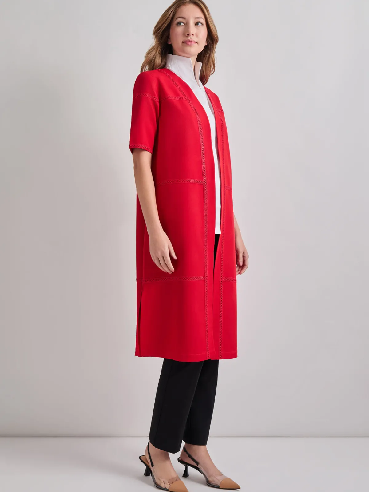 Jackets & Coats|Misook Short Sleeve Belted Stretch Crepe Duster SunsetRed