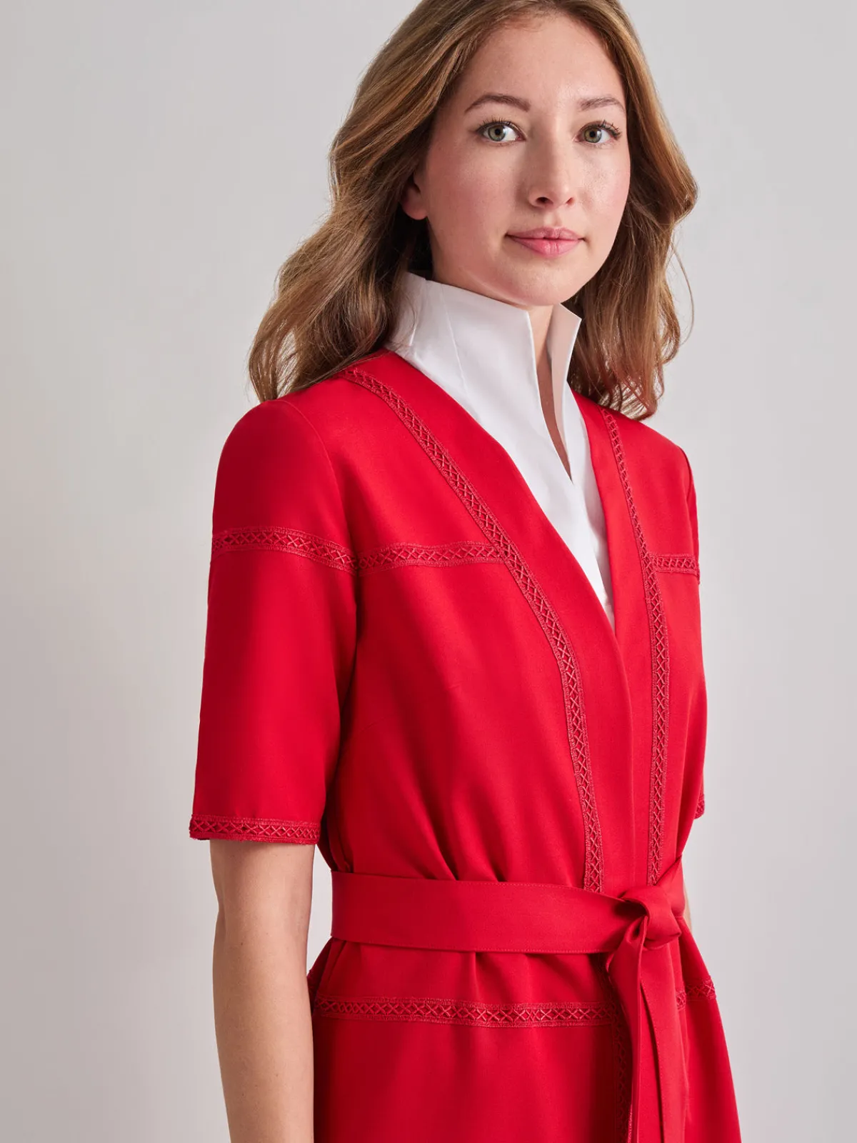 Jackets & Coats|Misook Short Sleeve Belted Stretch Crepe Duster SunsetRed