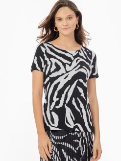 Tops & Tees|Misook Short Sleeve Zebra Soft Knit Top Black/White