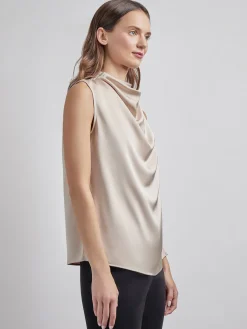Tops & Tees|Tanks|Misook Sleeveless High Neck Draped Crepe de Chine Blouse Biscotti