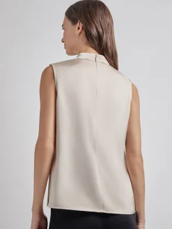 Tops & Tees|Tanks|Misook Sleeveless High Neck Draped Crepe de Chine Blouse Biscotti