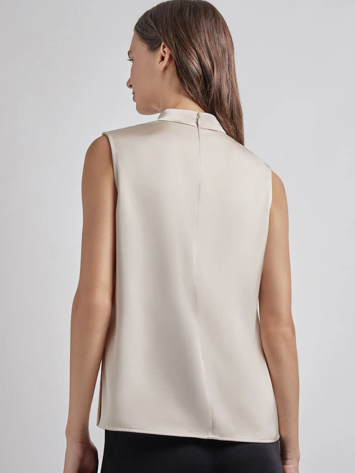 Tops & Tees|Tanks|Misook Sleeveless High Neck Draped Crepe de Chine Blouse Biscotti