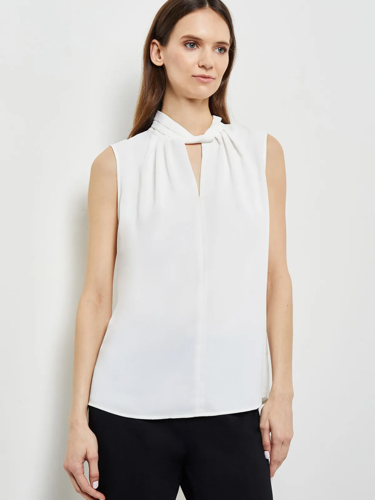 Blouses & Shirts|Tops & Tees|Misook Sleeveless Twist Neck Crepe De Chine Blouse White