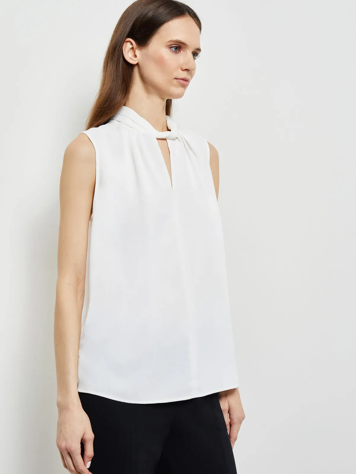 Blouses & Shirts|Tops & Tees|Misook Sleeveless Twist Neck Crepe De Chine Blouse White