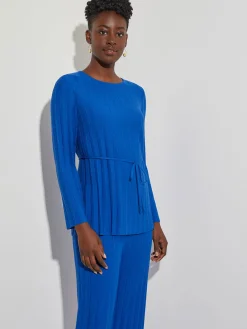 Tops & Tees|Misook Soft Ribbed Knit Tie-Waist Tunic LyonsBlue