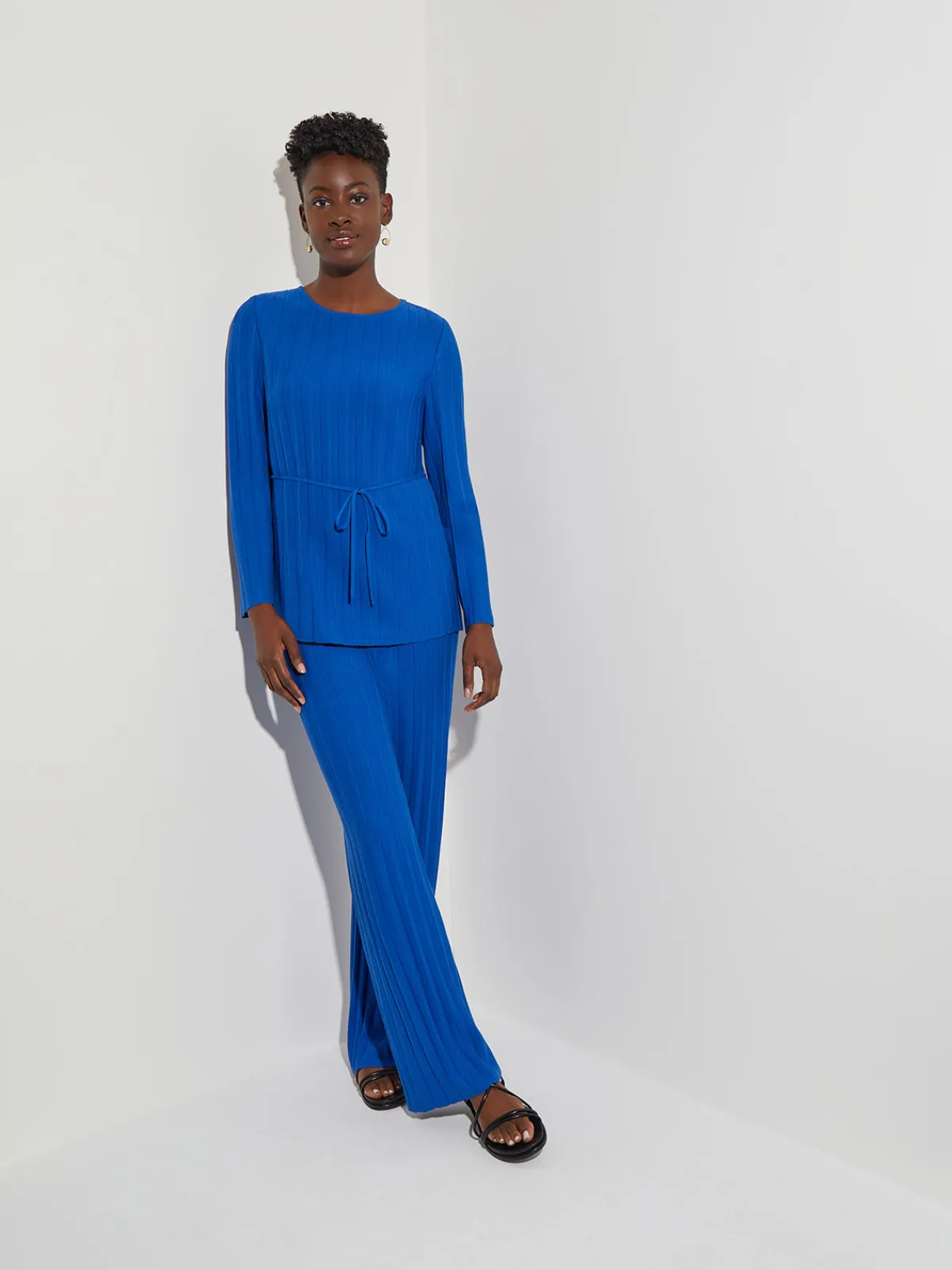 Tops & Tees|Misook Soft Ribbed Knit Tie-Waist Tunic LyonsBlue
