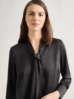 Blouses & Shirts|Tops & Tees|Misook Solid Tie Neck Crepe de Chine Blouse Black