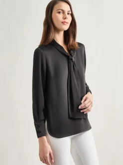 Blouses & Shirts|Tops & Tees|Misook Solid Tie Neck Crepe de Chine Blouse Black