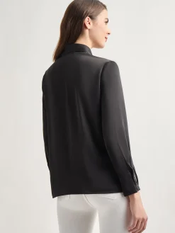 Blouses & Shirts|Tops & Tees|Misook Solid Tie Neck Crepe de Chine Blouse Black