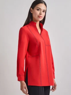Blouses & Shirts|Tops & Tees|Misook Soutache Detail Tonal Stretch Crepe Tunic SunsetRed