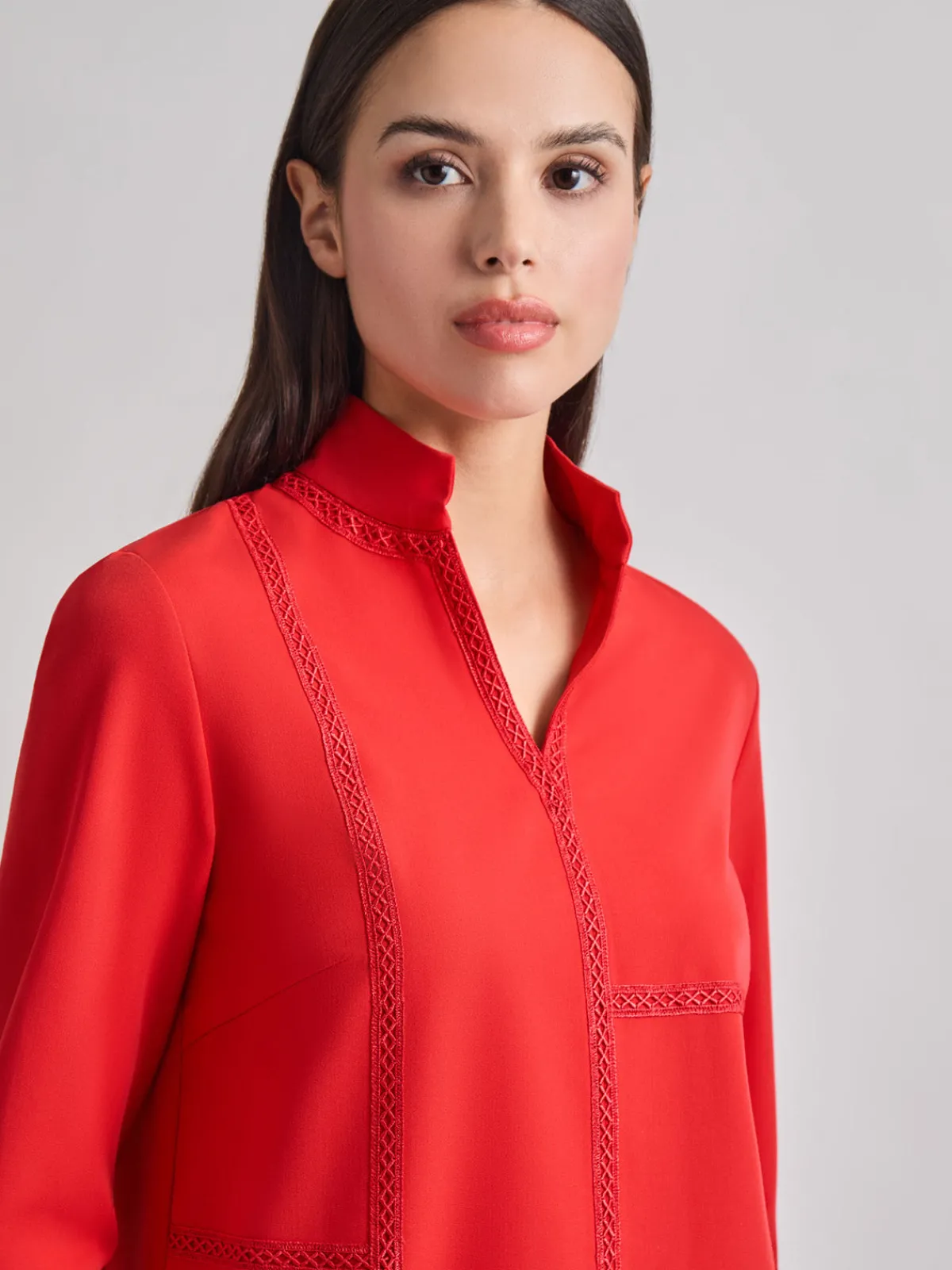 Blouses & Shirts|Tops & Tees|Misook Soutache Detail Tonal Stretch Crepe Tunic SunsetRed