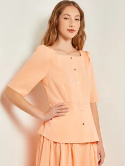 Blouses & Shirts|Tops & Tees|Misook Square Neck Button Front Blouse - Belted Faux Cupro Silk PeachBlossom