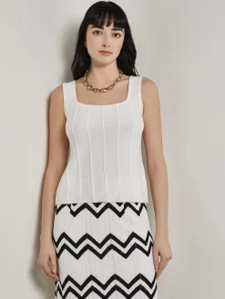 Tops & Tees|Tanks|Misook Square Neck Tank Top - Ribbed Stripe Soft Knit White