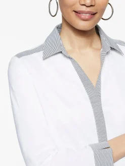 Blouses & Shirts|Tops & Tees|Misook Stripe Trim Stretch Cotton Button-Up Shirt White/Black