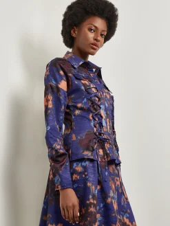 Jackets & Coats|Misook Structured Corset Laced Printed Woven Jacket StarryNightBlue/Sangria/Goldenwood/CornflowerBlue/Parchment