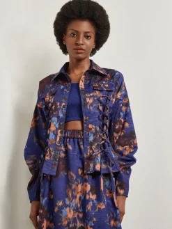 Jackets & Coats|Misook Structured Corset Laced Printed Woven Jacket StarryNightBlue/Sangria/Goldenwood/CornflowerBlue/Parchment