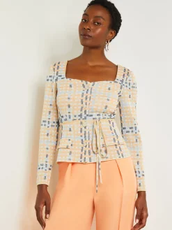 Jackets & Coats|Misook Sweetheart Neck Modern Fit Jacket - Plaid Jacquard Knit PeachBlossom/CaribbeanMist/PaleGold/Black/White