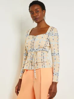 Jackets & Coats|Misook Sweetheart Neck Modern Fit Jacket - Plaid Jacquard Knit PeachBlossom/CaribbeanMist/PaleGold/Black/White