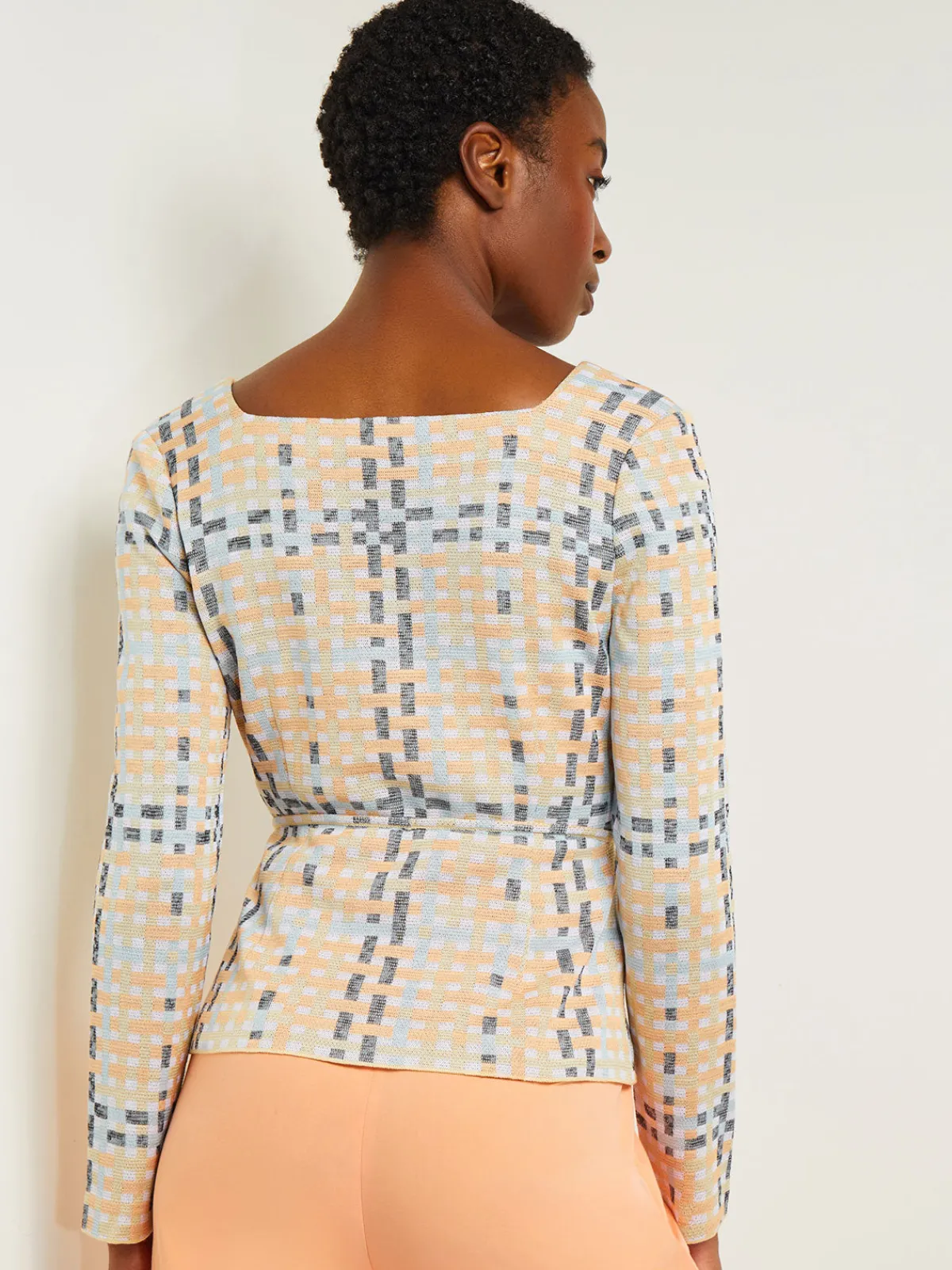 Jackets & Coats|Misook Sweetheart Neck Modern Fit Jacket - Plaid Jacquard Knit PeachBlossom/CaribbeanMist/PaleGold/Black/White