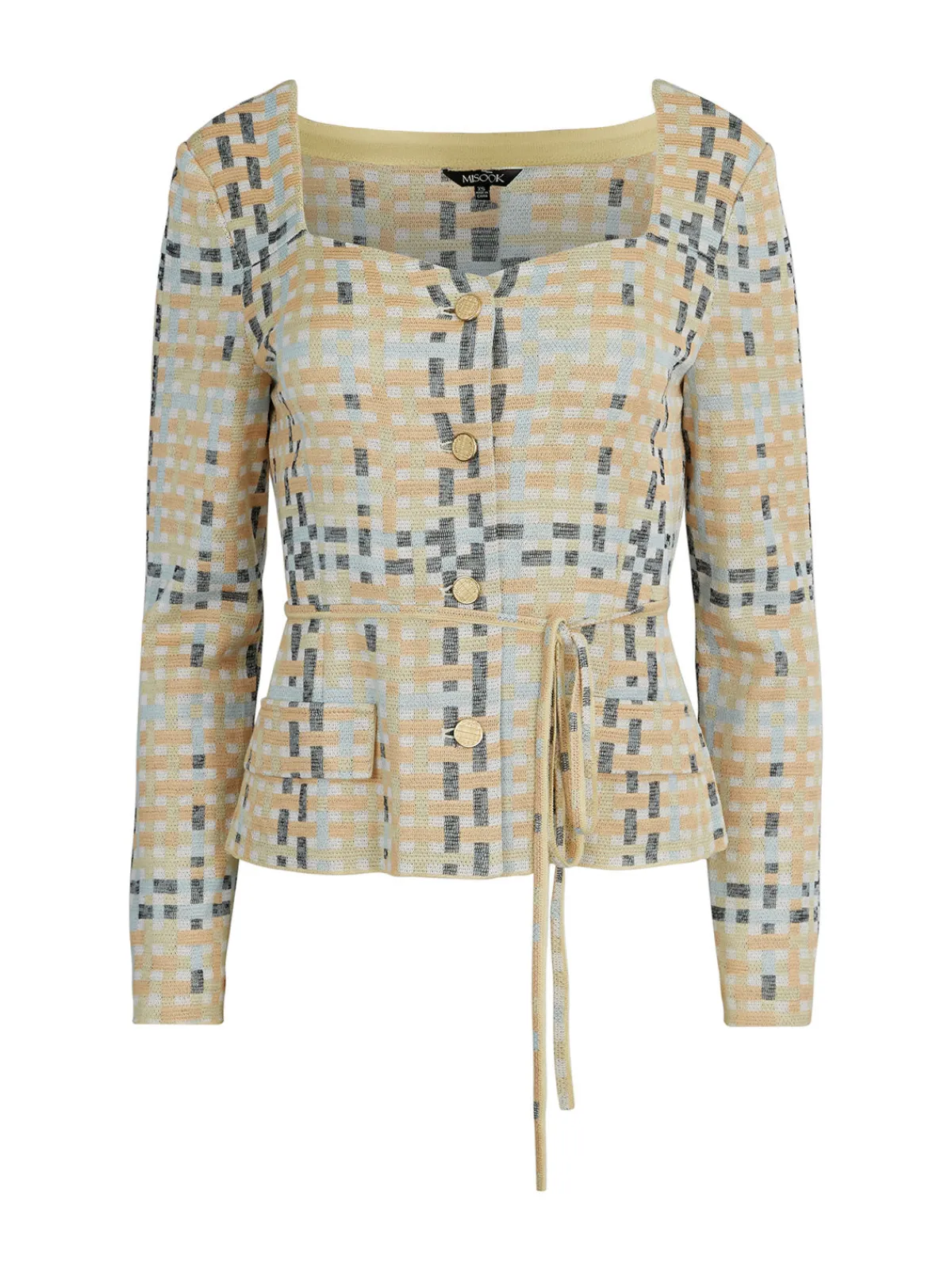 Jackets & Coats|Misook Sweetheart Neck Modern Fit Jacket - Plaid Jacquard Knit PeachBlossom/CaribbeanMist/PaleGold/Black/White