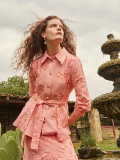 Jackets & Coats|Misook Tailored Fit Button Front Jacket - Belted Fringe Applique Cotton OceanCoral
