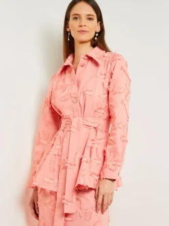 Jackets & Coats|Misook Tailored Fit Button Front Jacket - Belted Fringe Applique Cotton OceanCoral