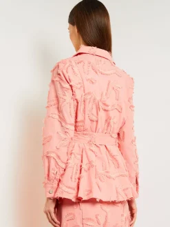 Jackets & Coats|Misook Tailored Fit Button Front Jacket - Belted Fringe Applique Cotton OceanCoral