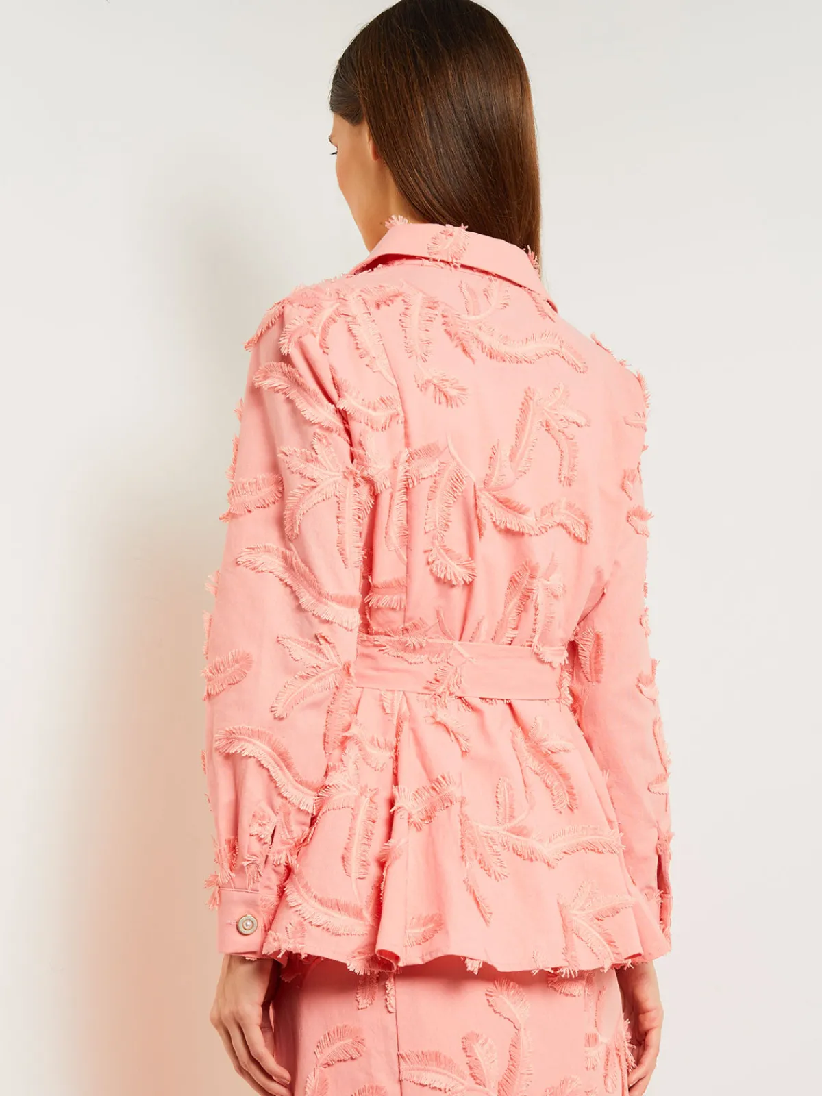 Jackets & Coats|Misook Tailored Fit Button Front Jacket - Belted Fringe Applique Cotton OceanCoral