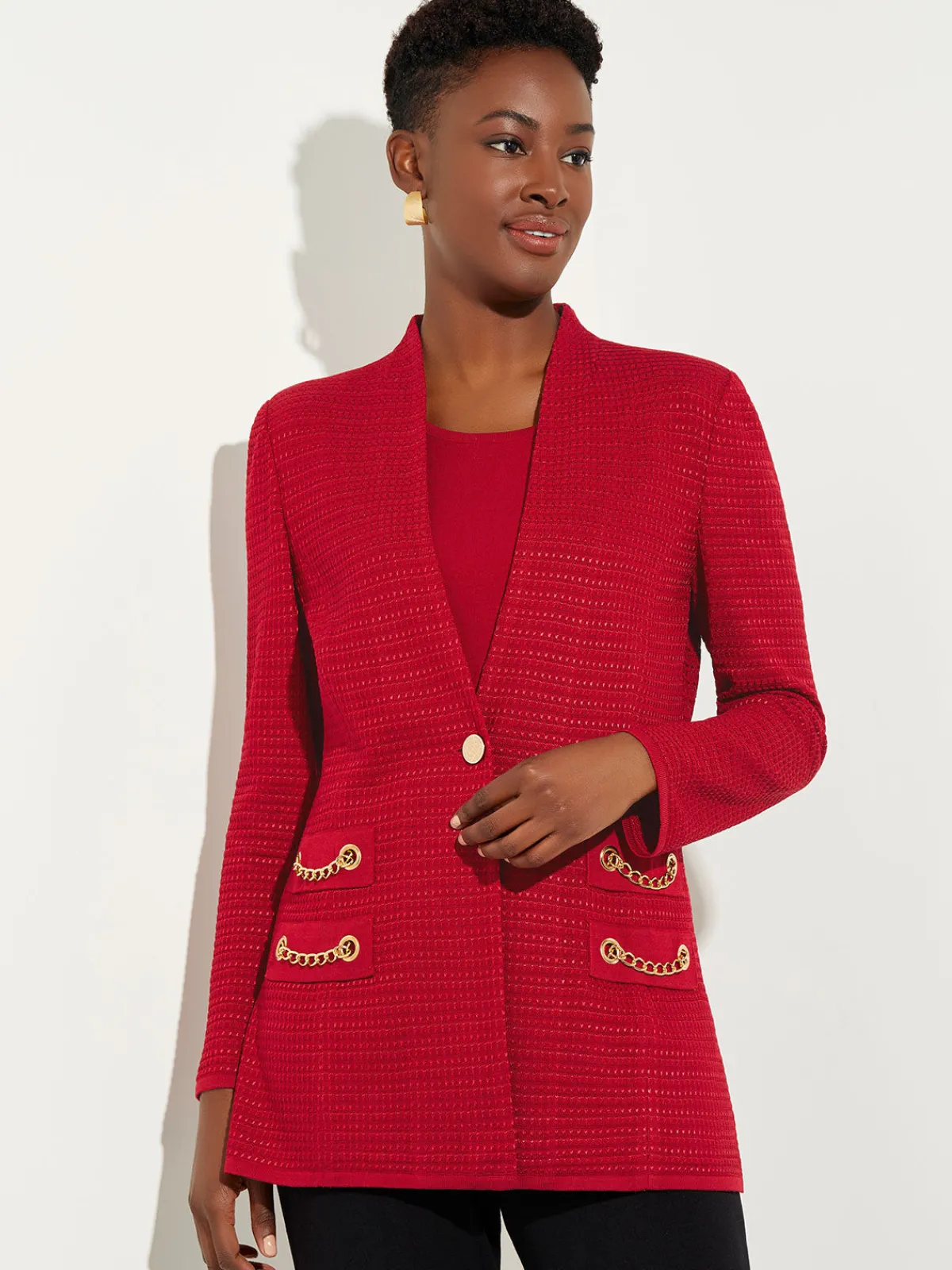 Jackets & Coats|Misook Tailored Fit Chain Detail Textured Knit Blazer Rouge