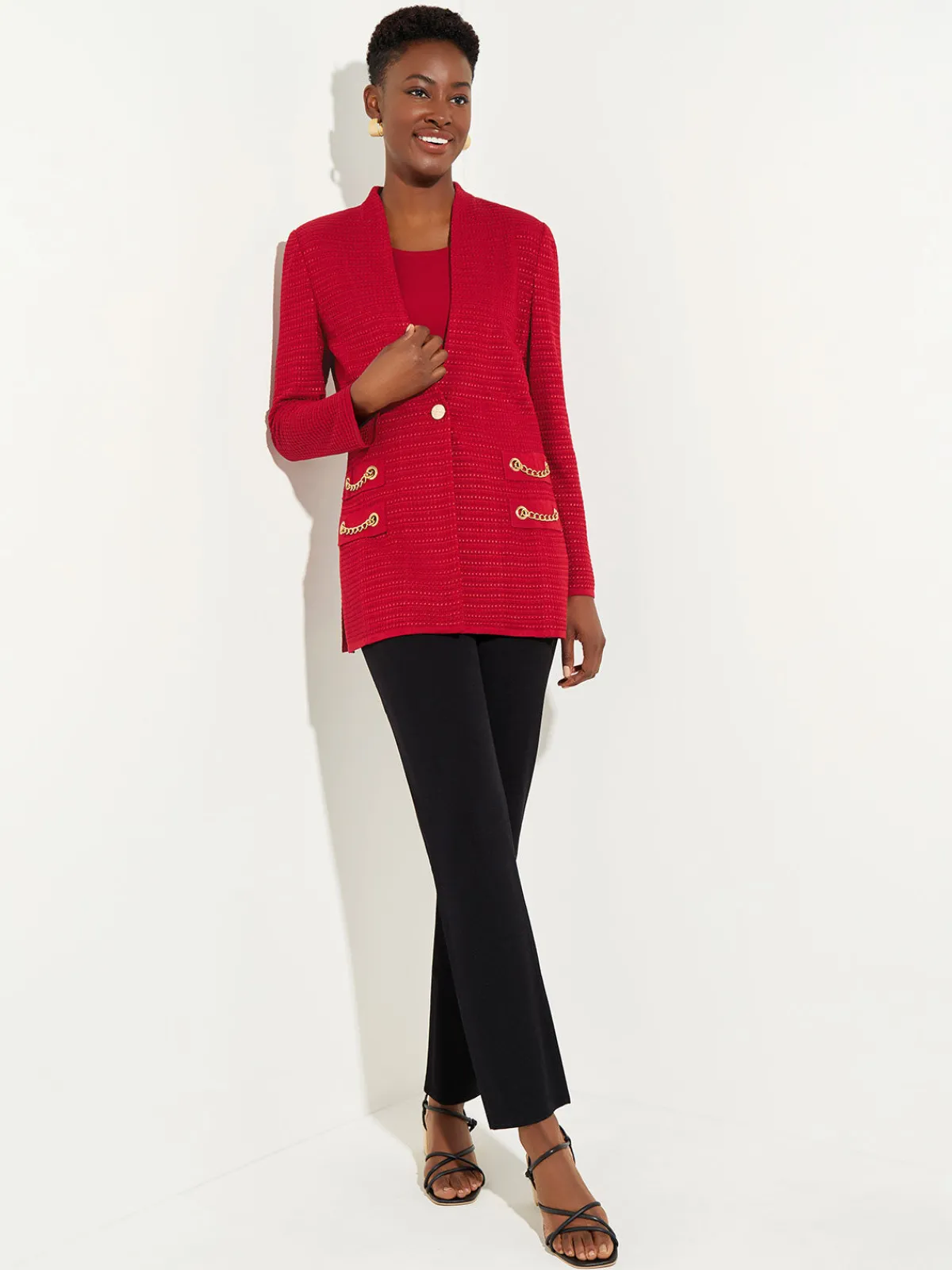 Jackets & Coats|Misook Tailored Fit Chain Detail Textured Knit Blazer Rouge