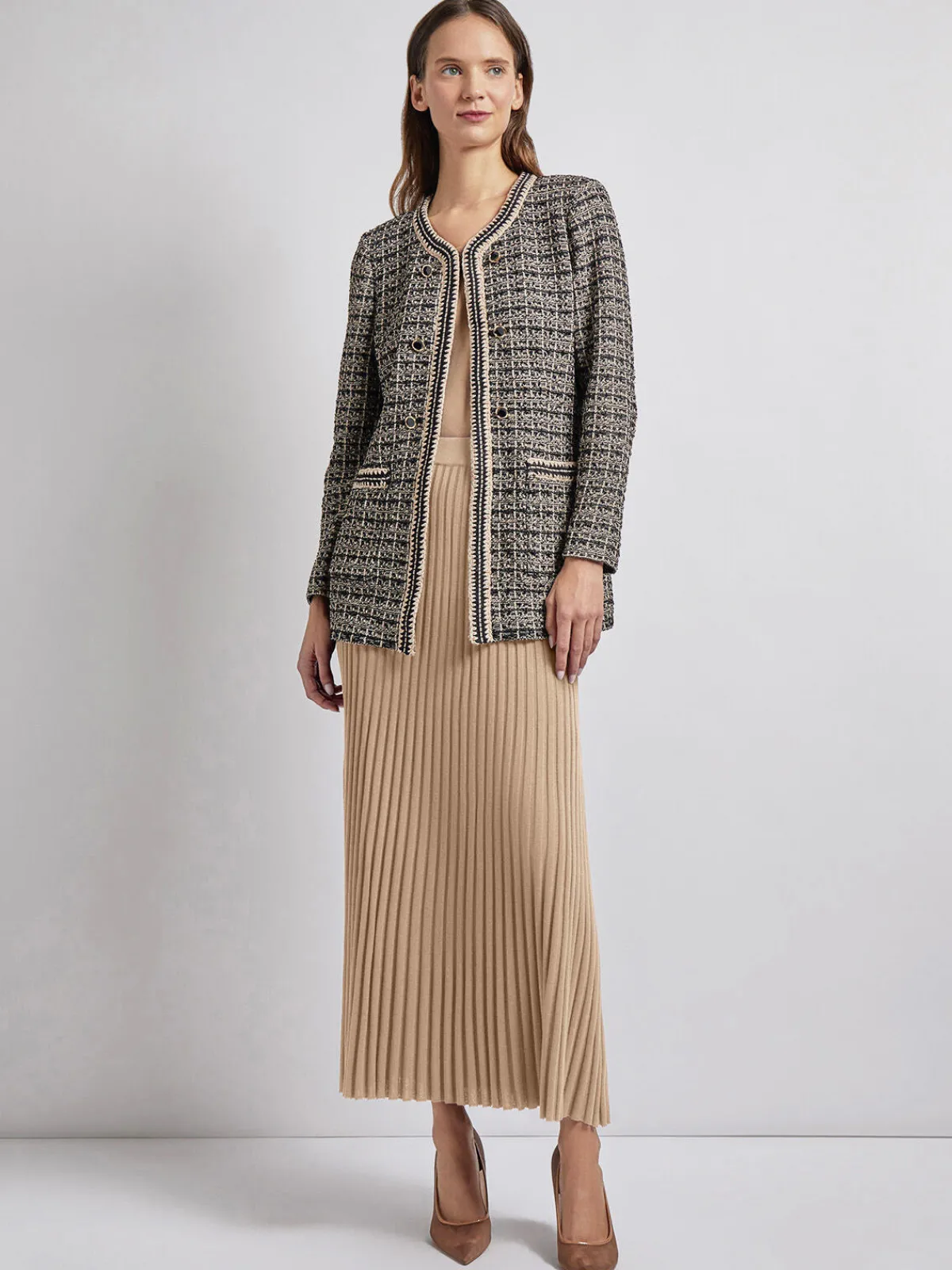 Jackets & Coats|Misook Tailored Fit Contrast Trim Tweed Knit Jacket Black/Sand/Biscotti