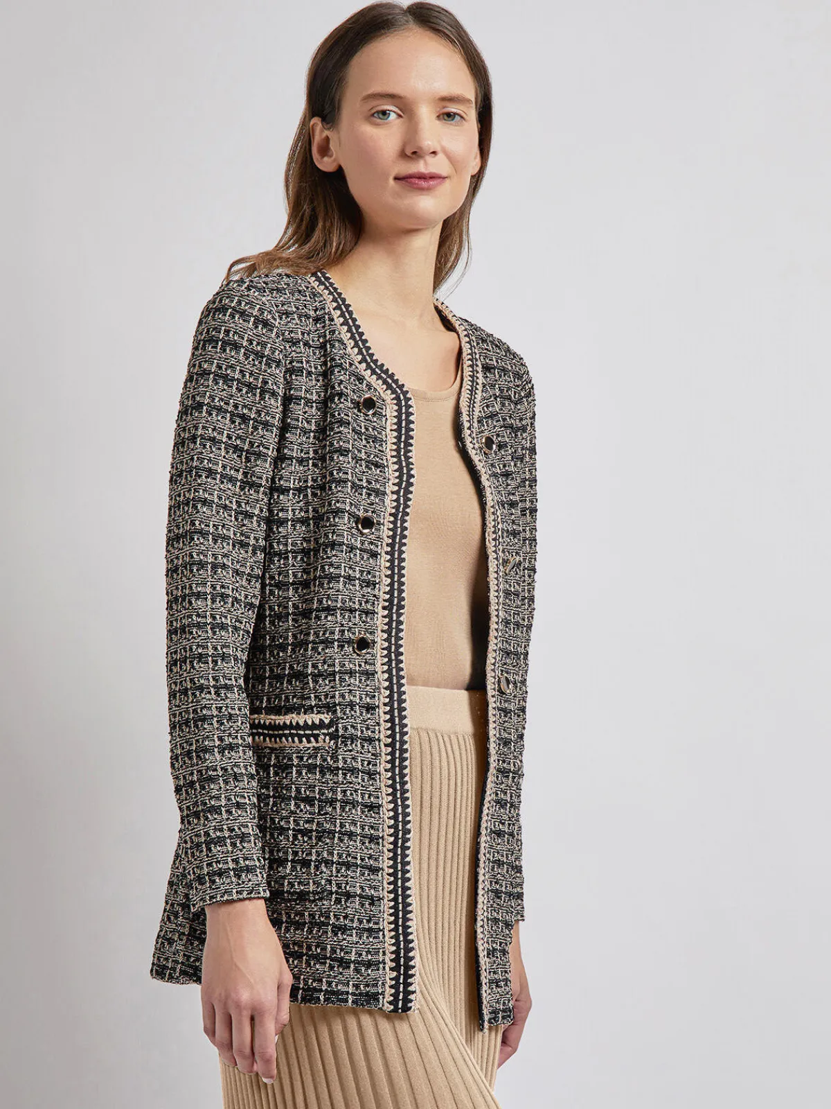Jackets & Coats|Misook Tailored Fit Contrast Trim Tweed Knit Jacket Black/Sand/Biscotti