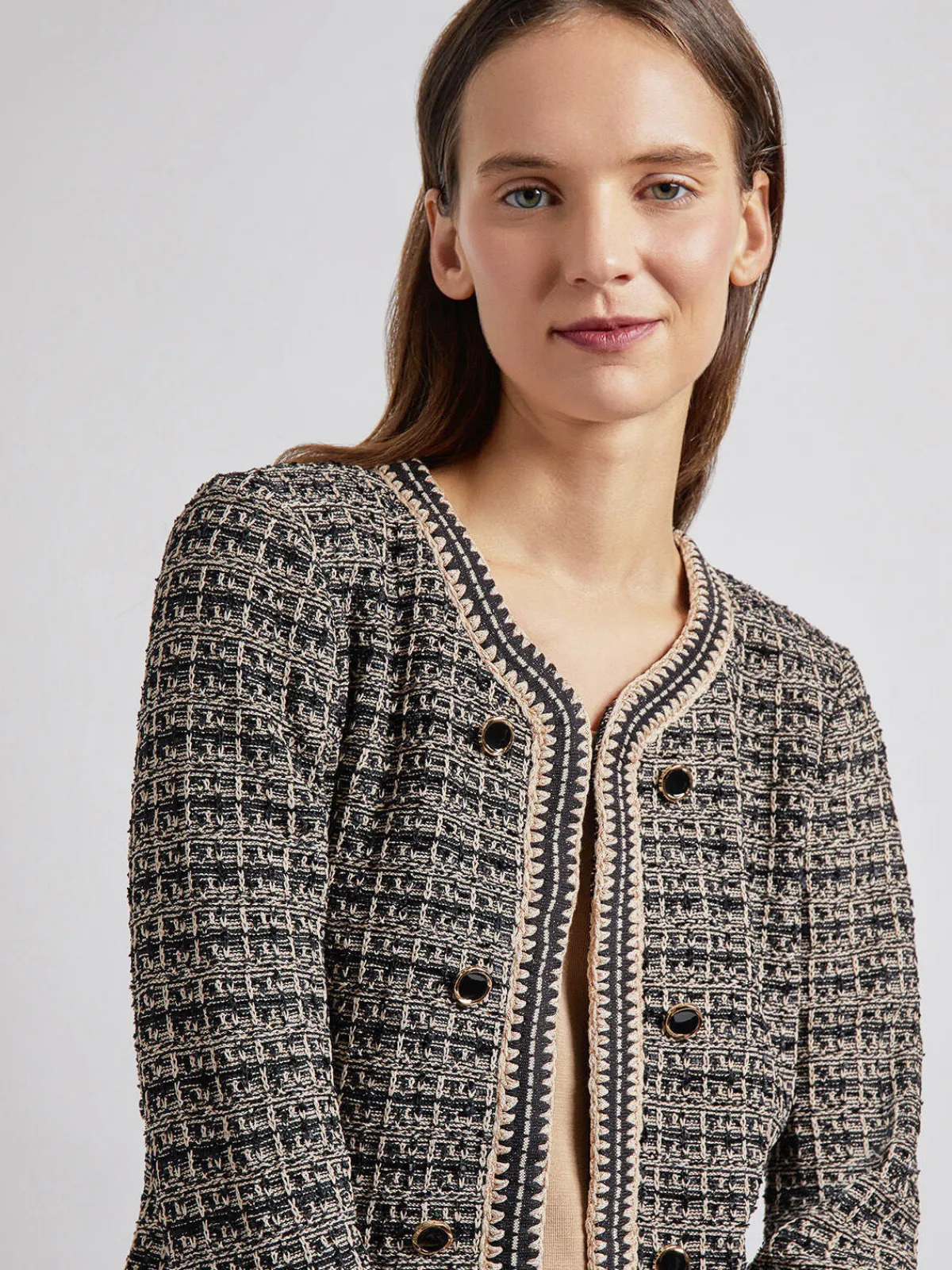 Jackets & Coats|Misook Tailored Fit Contrast Trim Tweed Knit Jacket Black/Sand/Biscotti
