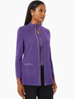 Jackets & Coats|Misook Tailored Fit Crocheted Chain Trim Textured Knit Jacket PlumRoyale