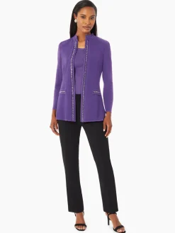 Jackets & Coats|Misook Tailored Fit Crocheted Chain Trim Textured Knit Jacket PlumRoyale