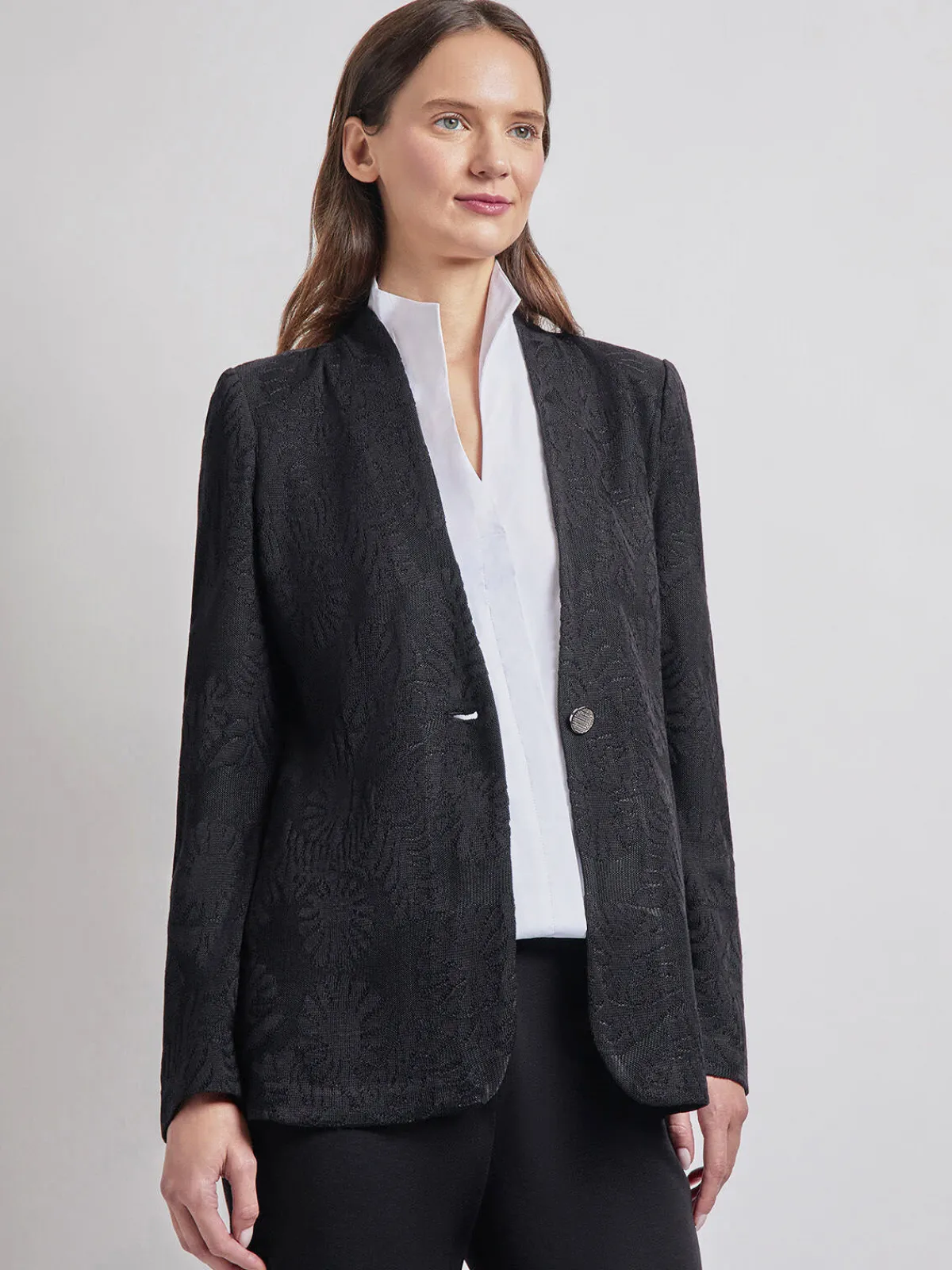 Jackets & Coats|Misook Tailored Fit One-Button Jacquard Knit Jacket Black