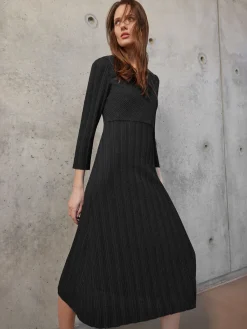 Dresses|Misook Textural Stripe Knit Midi Dress Black