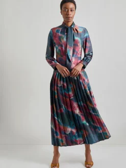 Dresses|Misook Tie Neck Pleated A-Line Maxi Dress MarineTeal/AfricanViolet/Goldenwood/SoftMauve/NewIvory/Black