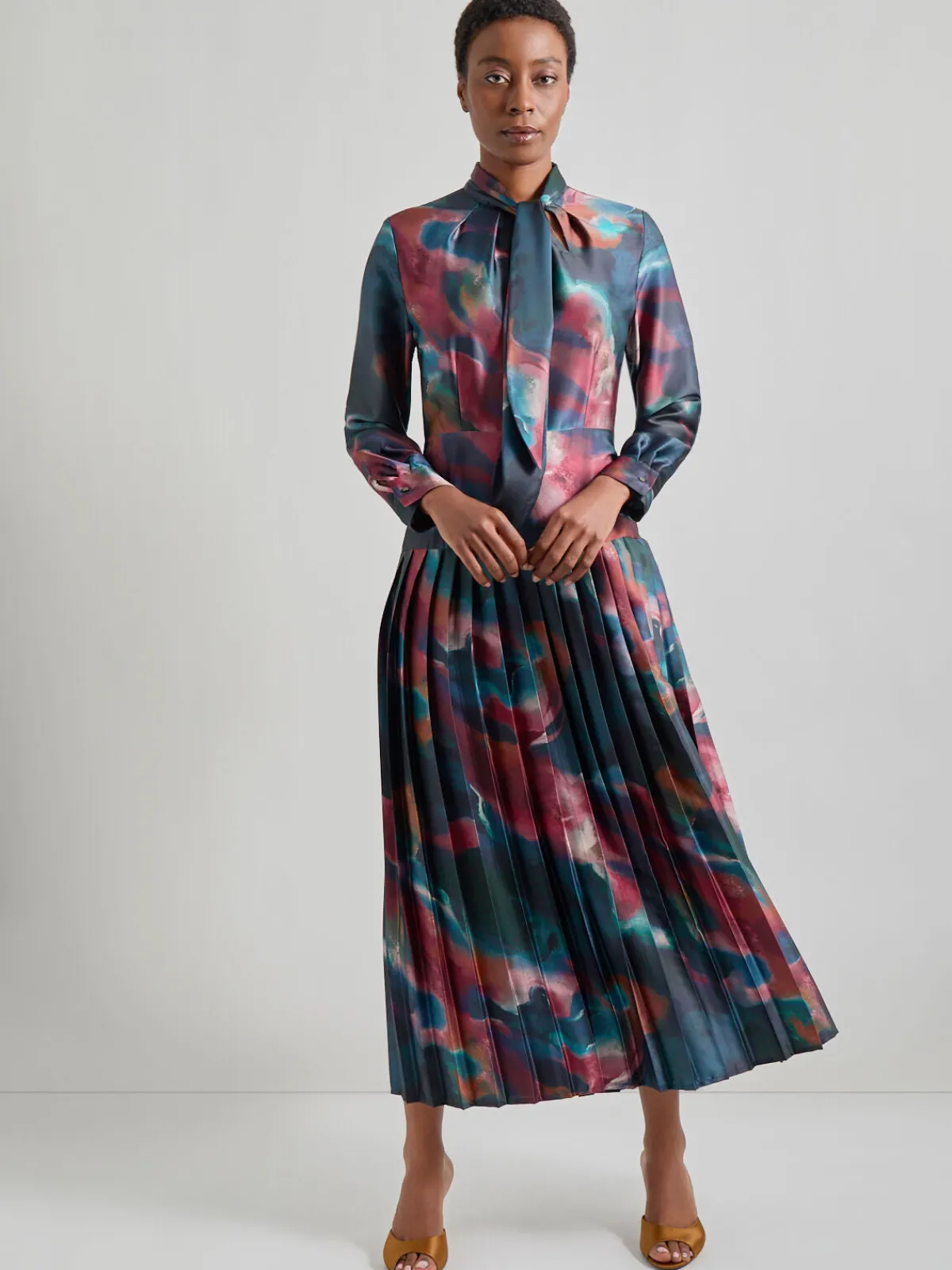 Dresses|Misook Tie Neck Pleated A-Line Maxi Dress MarineTeal/AfricanViolet/Goldenwood/SoftMauve/NewIvory/Black