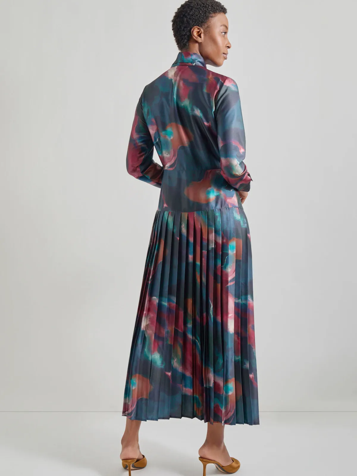 Dresses|Misook Tie Neck Pleated A-Line Maxi Dress MarineTeal/AfricanViolet/Goldenwood/SoftMauve/NewIvory/Black